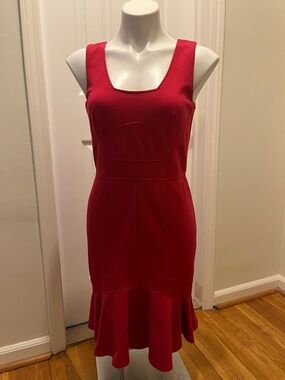Ann Taylor Red Sleeveless Midi Dress with Flounce Hem